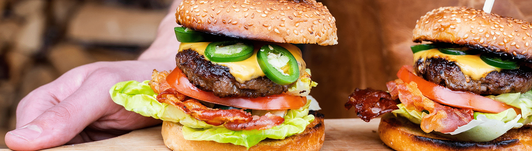 Cheeseburger with cheddar, bacon, and jalapeño peppers