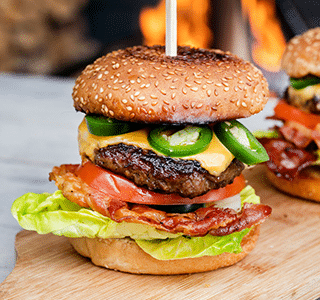 Cheeseburger with cheddar, bacon, and jalapeño peppers