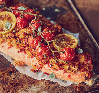 Crispy salmon with a breadcrumb and goat cheese mixture
